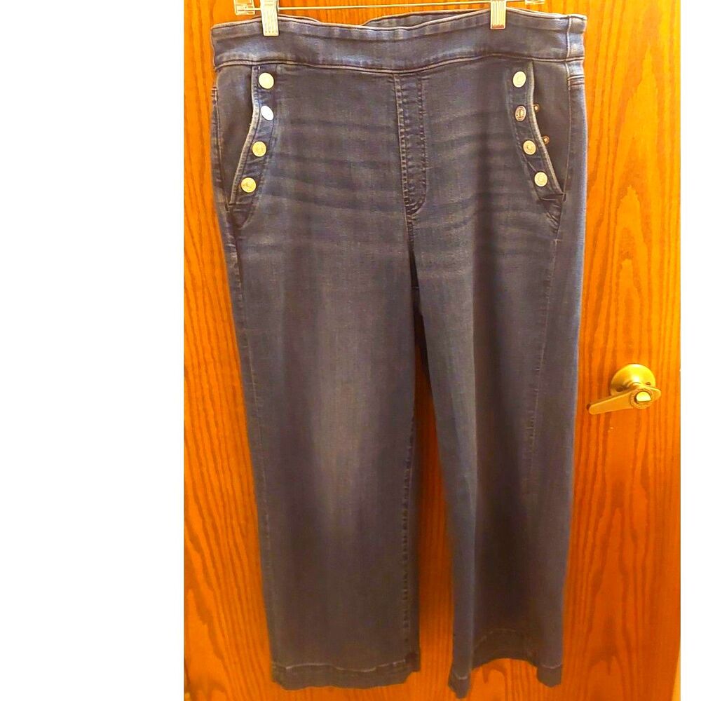 Chico's Wide Leg Pull-On Jeans Size 2R (US 12) Dark Wash Snap Button Pockets